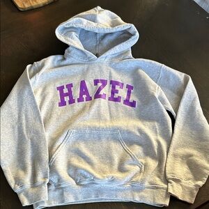 Hazel Gray Hoodie with Purple Lettering